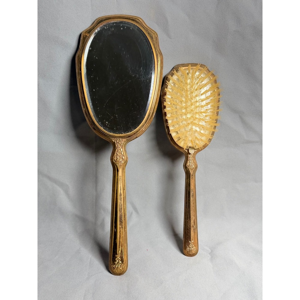 Vintage Mother of Pearl Inlay Gold Tone Vanity Set Hand Mirror Hairbrush 2pc - Picture 4 of 12